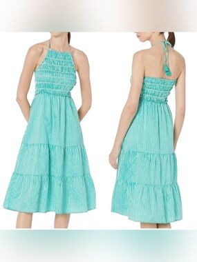 BB Dakota SM Teal Green & White Vertical Striped Halter Midi Dress Sz S